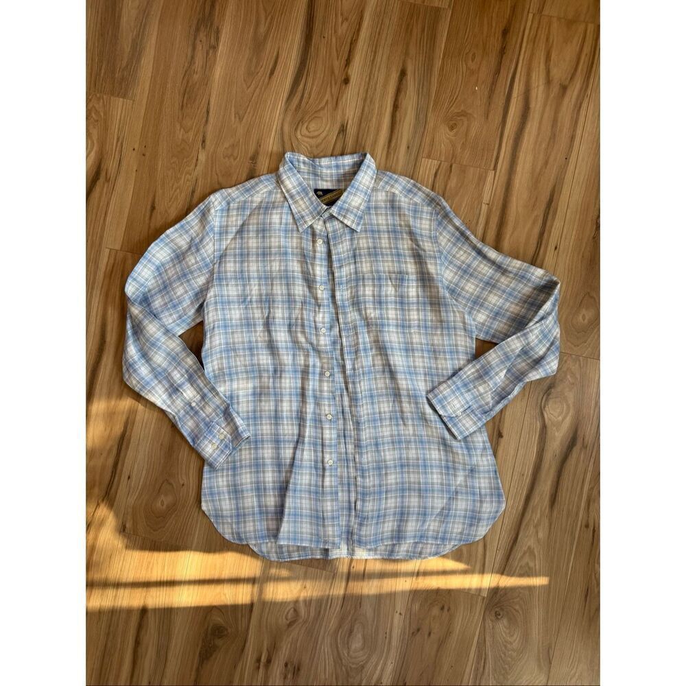 Reserve Label Onward Reserve Mens Blue White Plaid Linen Button Down Shirt XL
